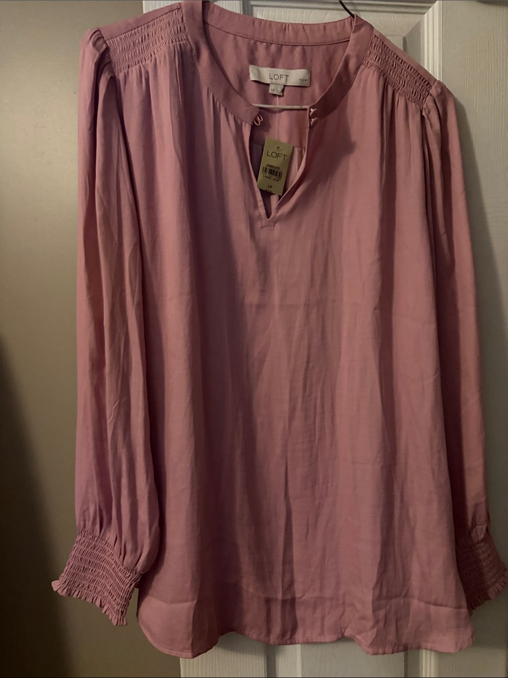 LOFT Dusty Rose Smocked-Yoke Long Sleeve Blouse